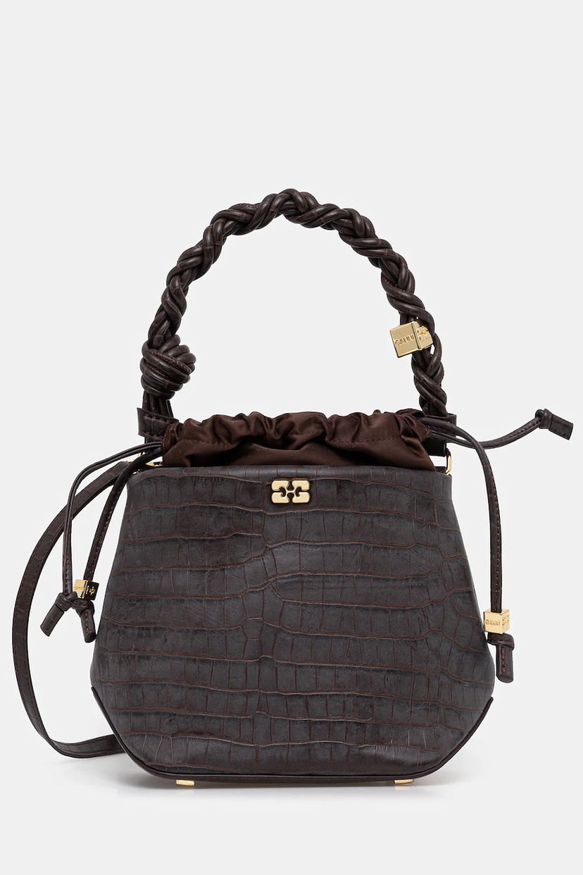 Ručna torbica GANNI Bou Braided Handle Crocodile-Embossed Drawstring Bucket Bag Smeđa | A6697