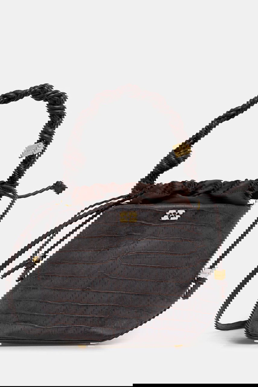 Ručna torbica GANNI Bou Braided Handle Crocodile-Embossed Drawstring Bucket Bag Smeđa | A6697, 0