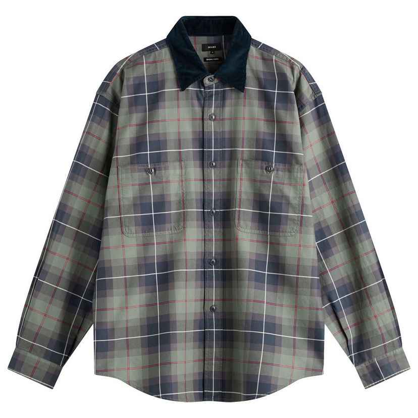 Košulja BEAMS Corduroy Collar Check Work Shirt, Size Small Zelena | 1111-1242-803-67
