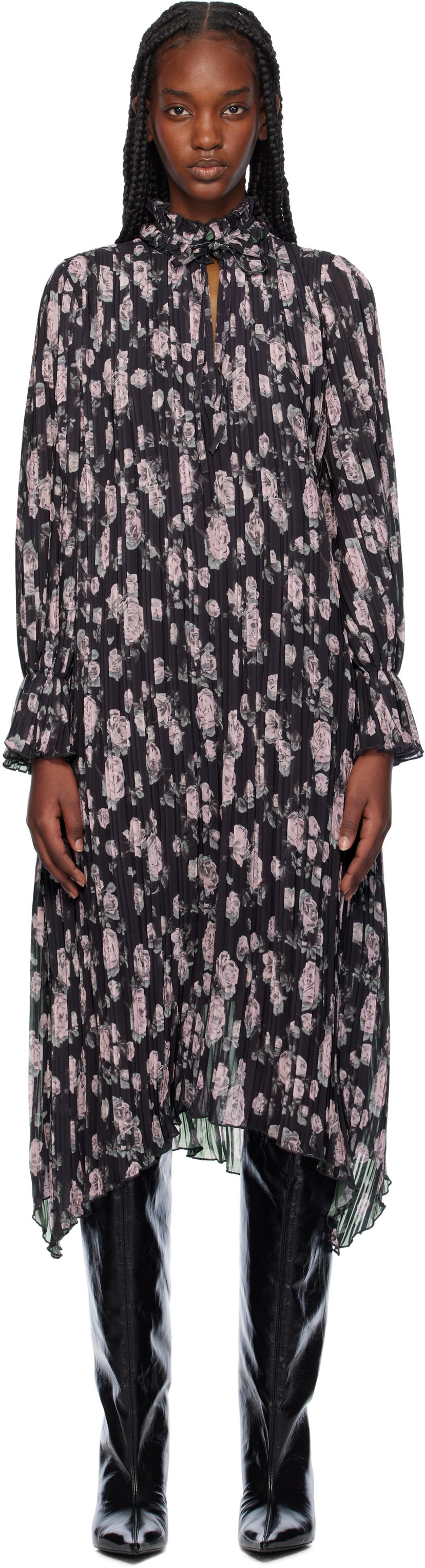 Haljina GANNI Floral Print Pleated Midi Dress Crna | F9551