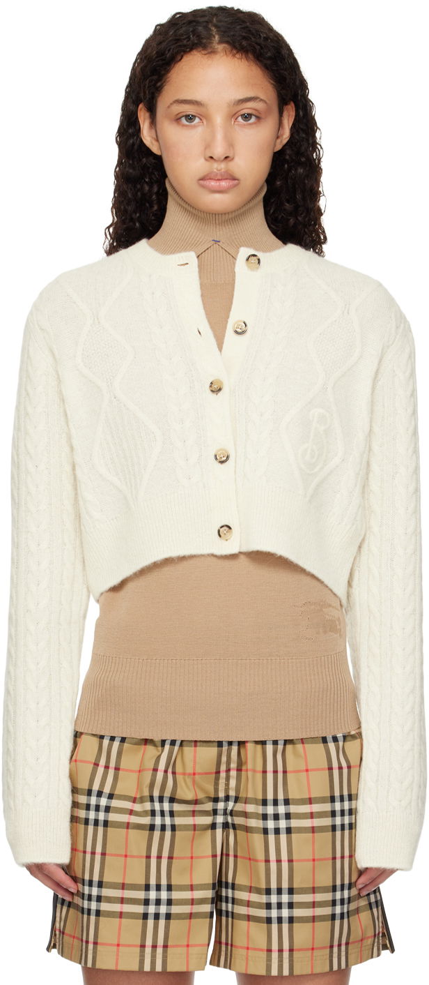 Džemper Burberry Burberry Cropped Aran Wool Blend Cardigan Bijela | 8097967