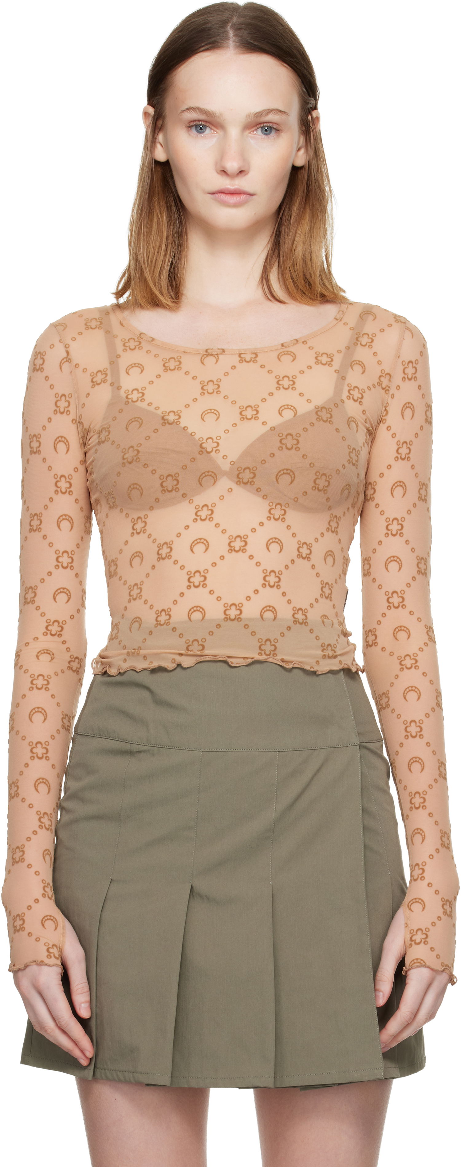 Crop top Marine Serre Moonogram Mesh Flock Long Sleeve Cropped Top Bež | WTS012S CJER0005, 0