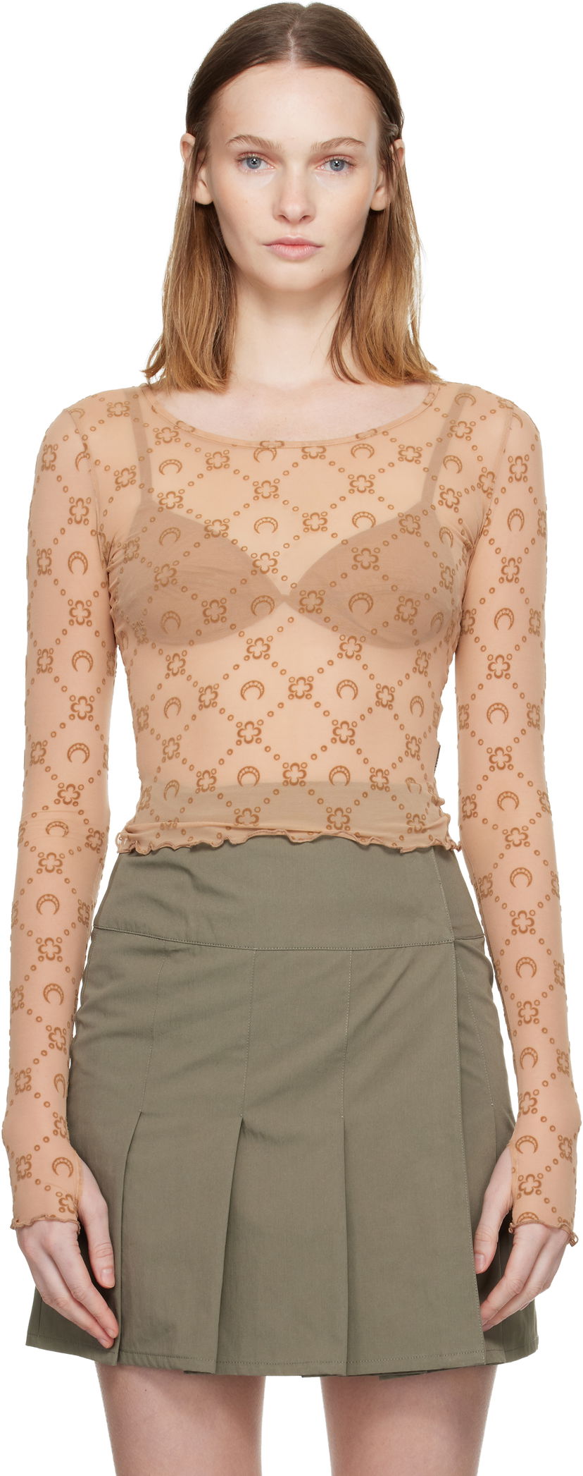 Crop top Marine Serre Moonogram Mesh Flock Long Sleeve Cropped Top Bež | WTS012S CJER0005