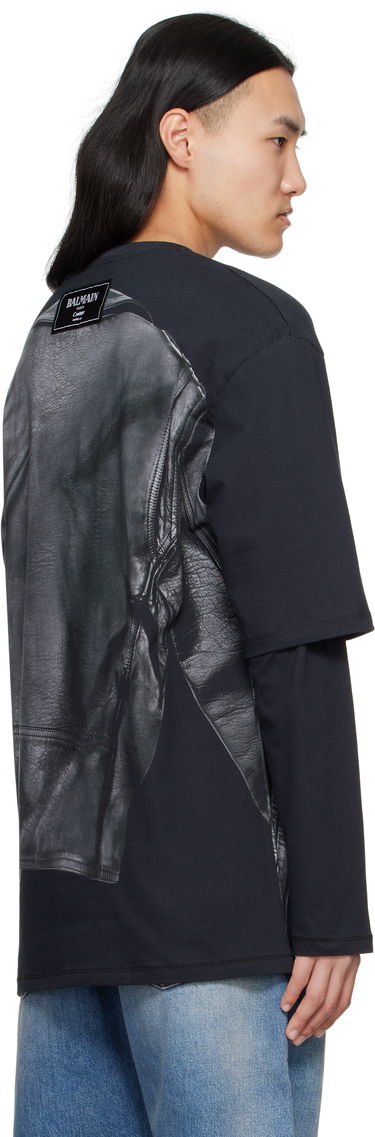 Majica kratkih rukava Balmain Balmain Long Sleeve Biker Jacket Graphic T-Shirt Crna | EH1EM016GE40, 2