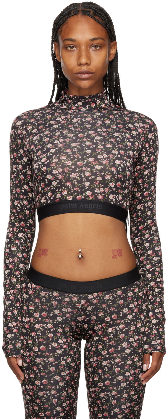 Crop top Palm Angels Floral Print Long Sleeve Crop Top Crna | PWAD040F22FAB0031030