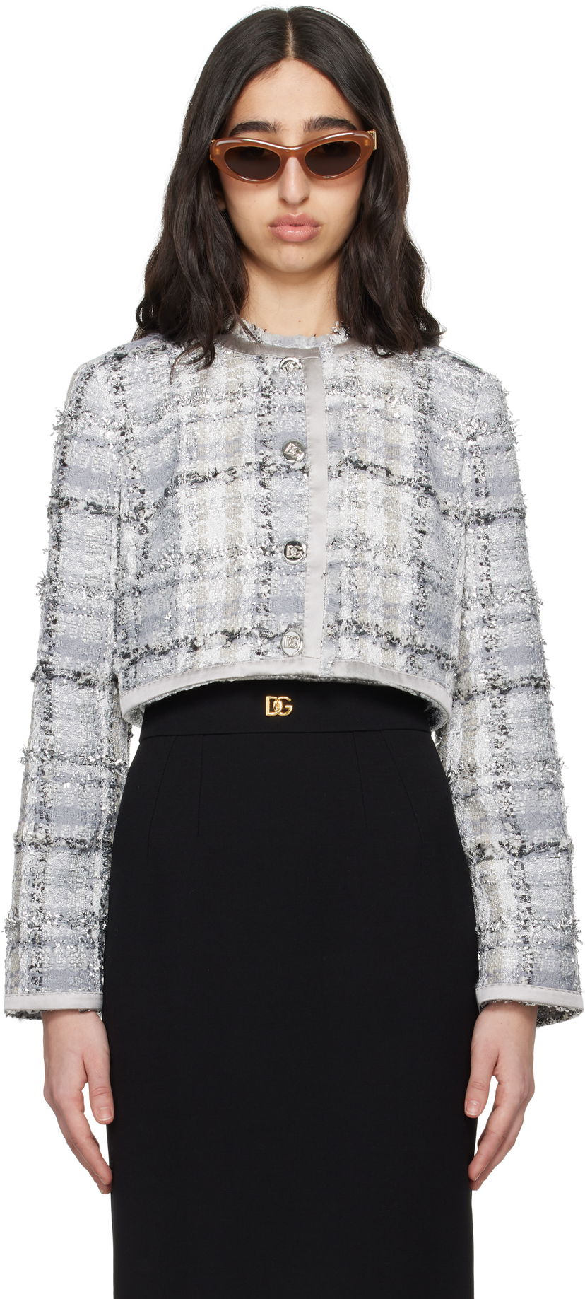 Jakna Dolce & Gabbana Dolce&Gabbana Short Check Lurex Raschel Tweed Jacket Siva | F27DQT FQZAE