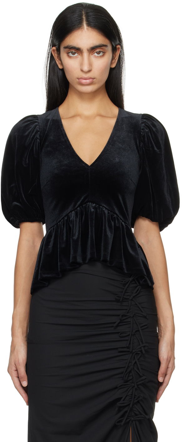 Košulja GANNI Velvet V-Neck Peplum Top Crna | T3835