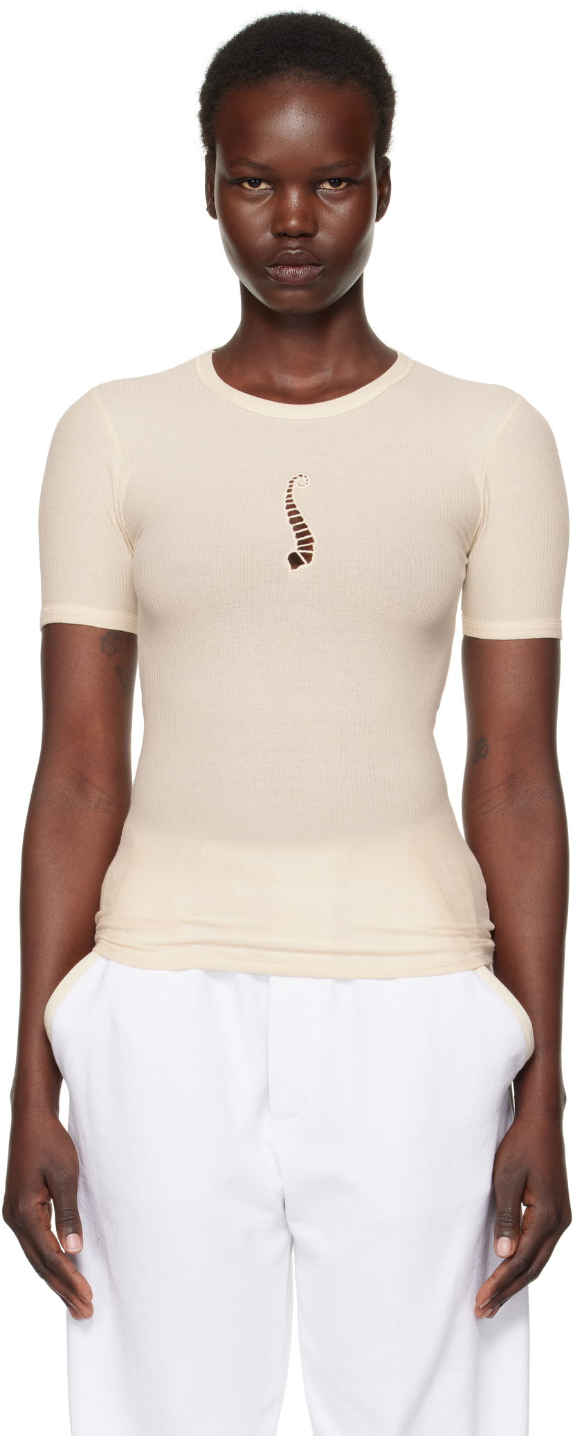 Majica kratkih rukava Baserange Baserange Tower Cutout Ribbed T-Shirt Bež | TOTWS-RB-SP25