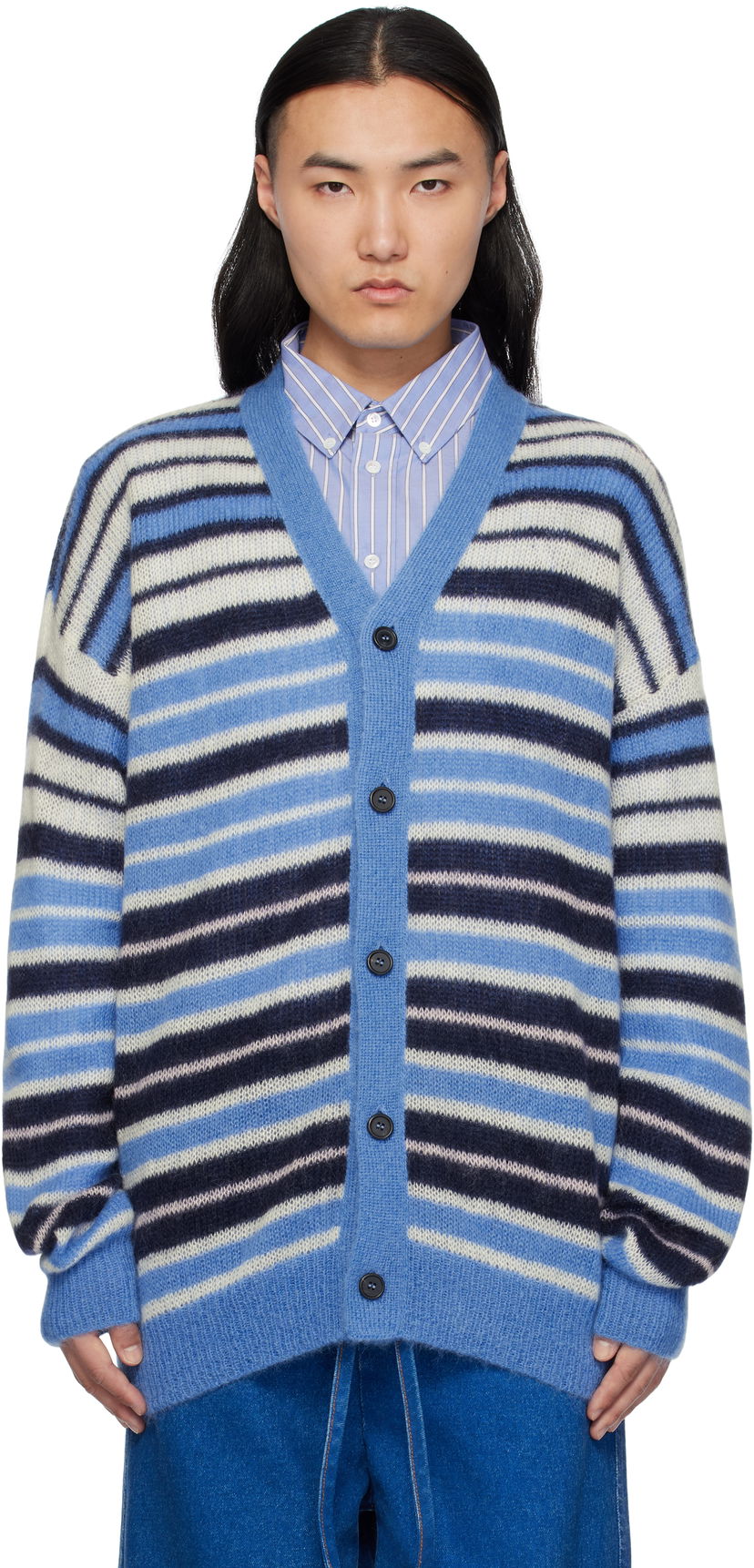 Džemper Marni Marni Lightweight Fuzzy Wuzzy Stripe Cardigan Plava | CDMG0153Q0 UFU178