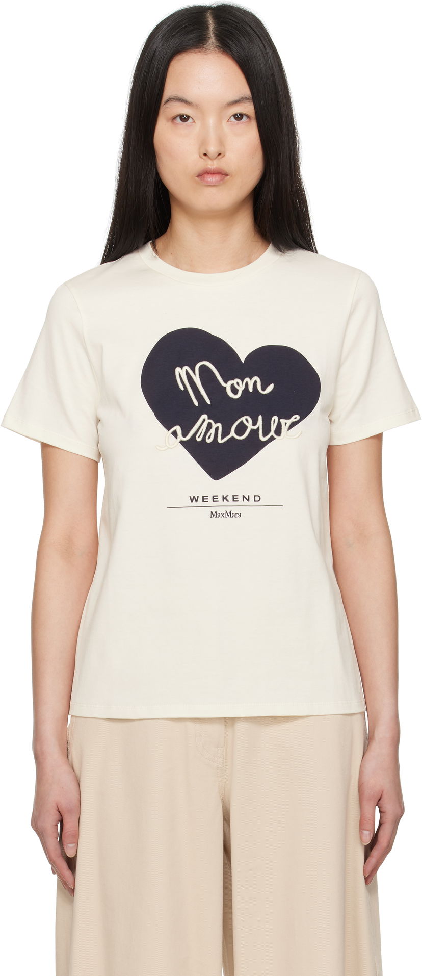 Majica kratkih rukava Max Mara Weekend Max Mara Vello T-Shirt with Heart Applique Bež | 2515971051600