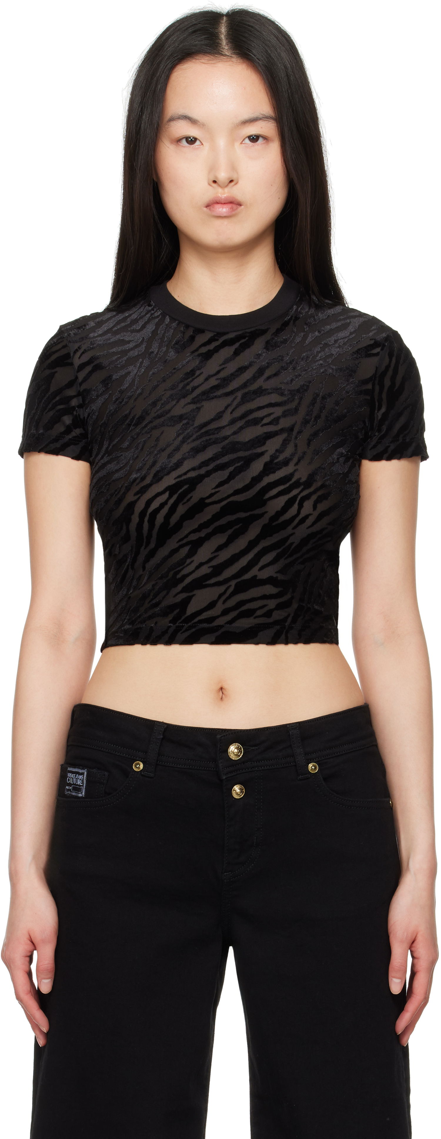 Crop top Versace Versace Jeans Couture Zebra Devoré Crop T-Shirt Crna | E78HAH602_EJ0191, 0