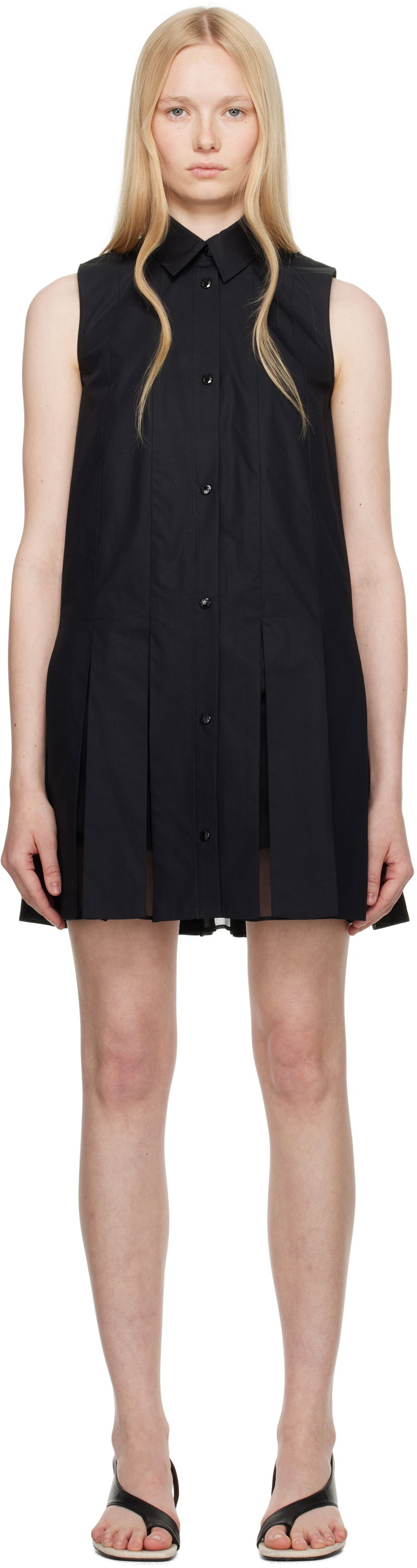Haljina Moncler Moncler Cotton & Silk Pleated Shirt Dress Crna | K10932G00011597LQ