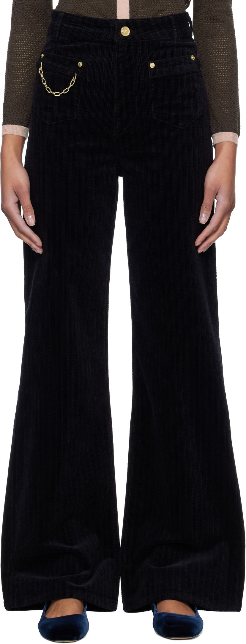 Hlače GANNI GANNI Magny Corduroy Flare Pants Crna | W0160