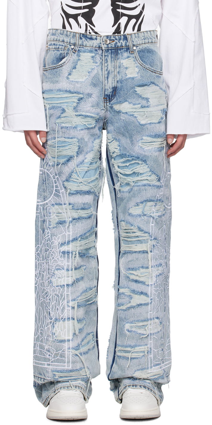 Jeans Who Decides War Distressed Embroidered Straight-Leg Jeans Plava | 1120650008SS24