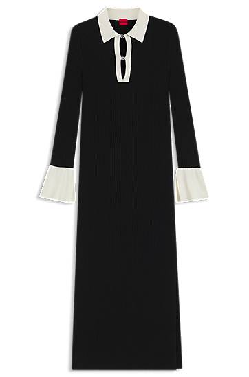 Haljina BOSS Ribbed Knit Polo Keyhole Dress Crna | 50542620