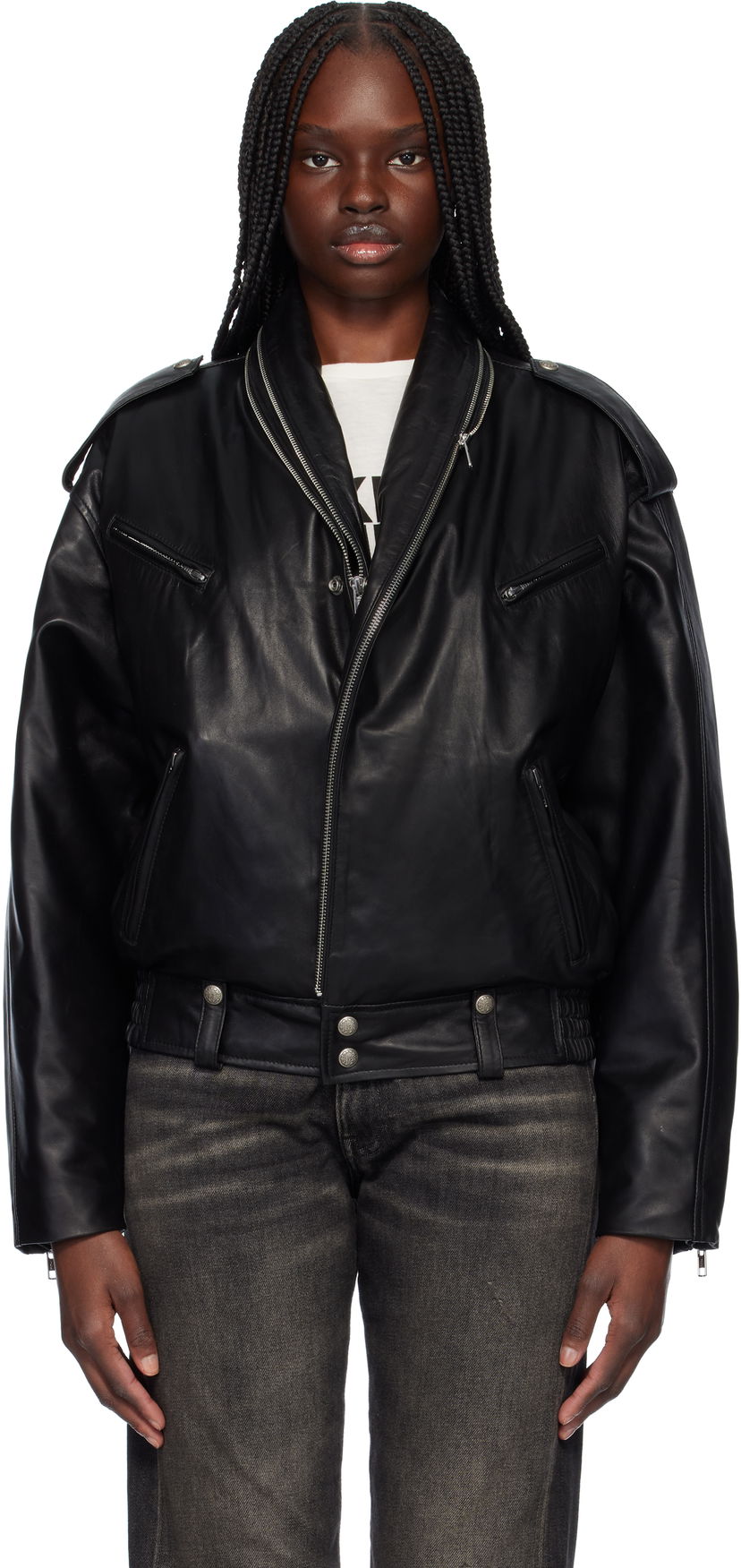 Bomber jakna R13 R13 Zip Collar Motorcycle Leather Jacket Crna | R13WR344-R450B