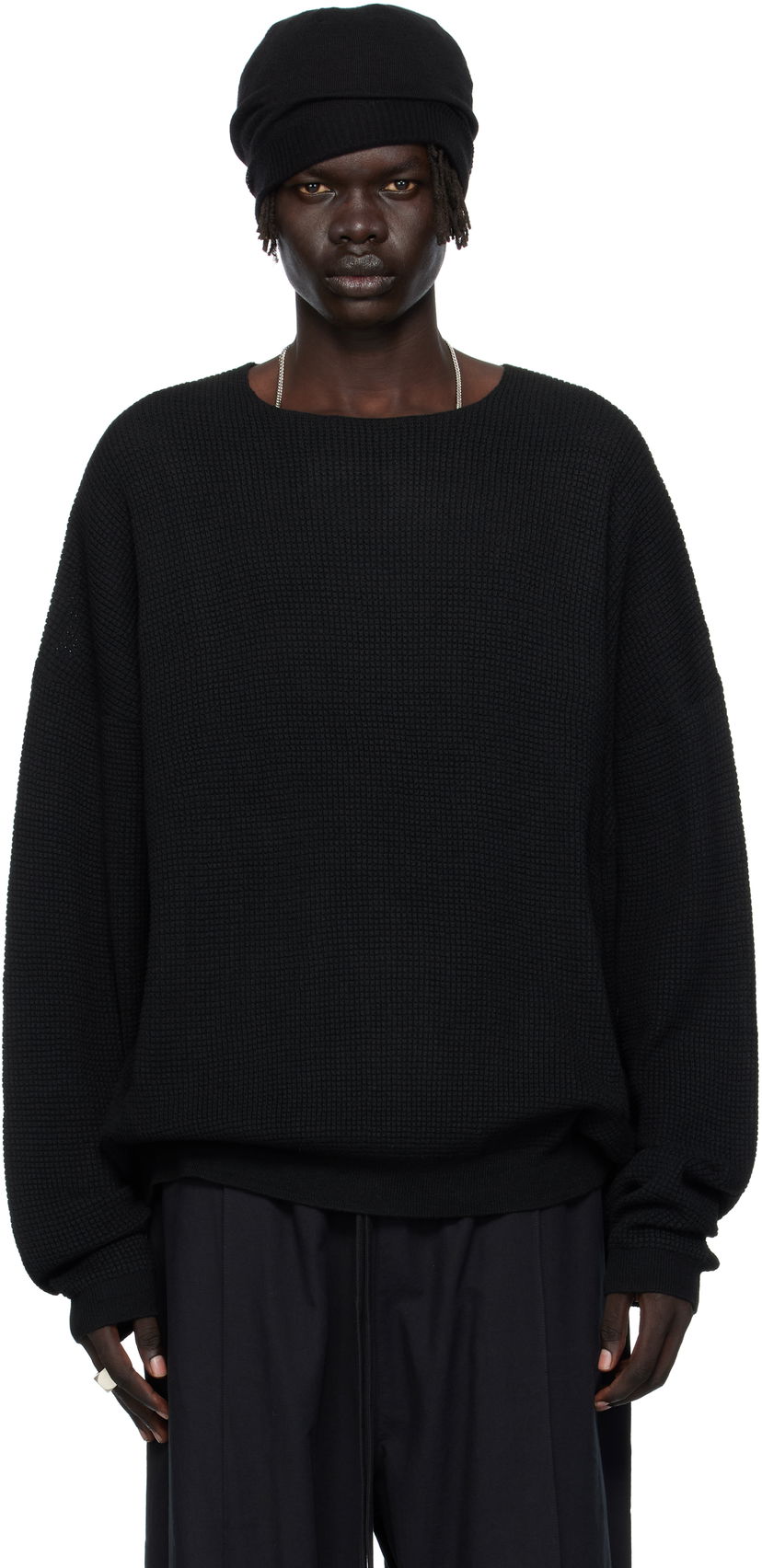 Džemper Fear of God Fear of God ESSENTIALS Waffle Knit Long Sleeve Crewneck Sweatshirt Crna | 192SP256160F