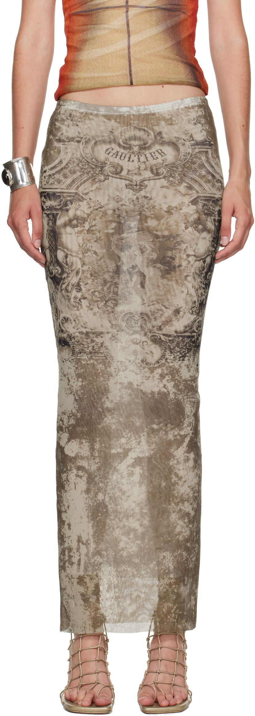 Suknja Jean Paul Gaultier Jean Paul Gaultier Long Medailon Print Mesh Midi Skirt Bež | 25/03-W-SK005-M006P-6965