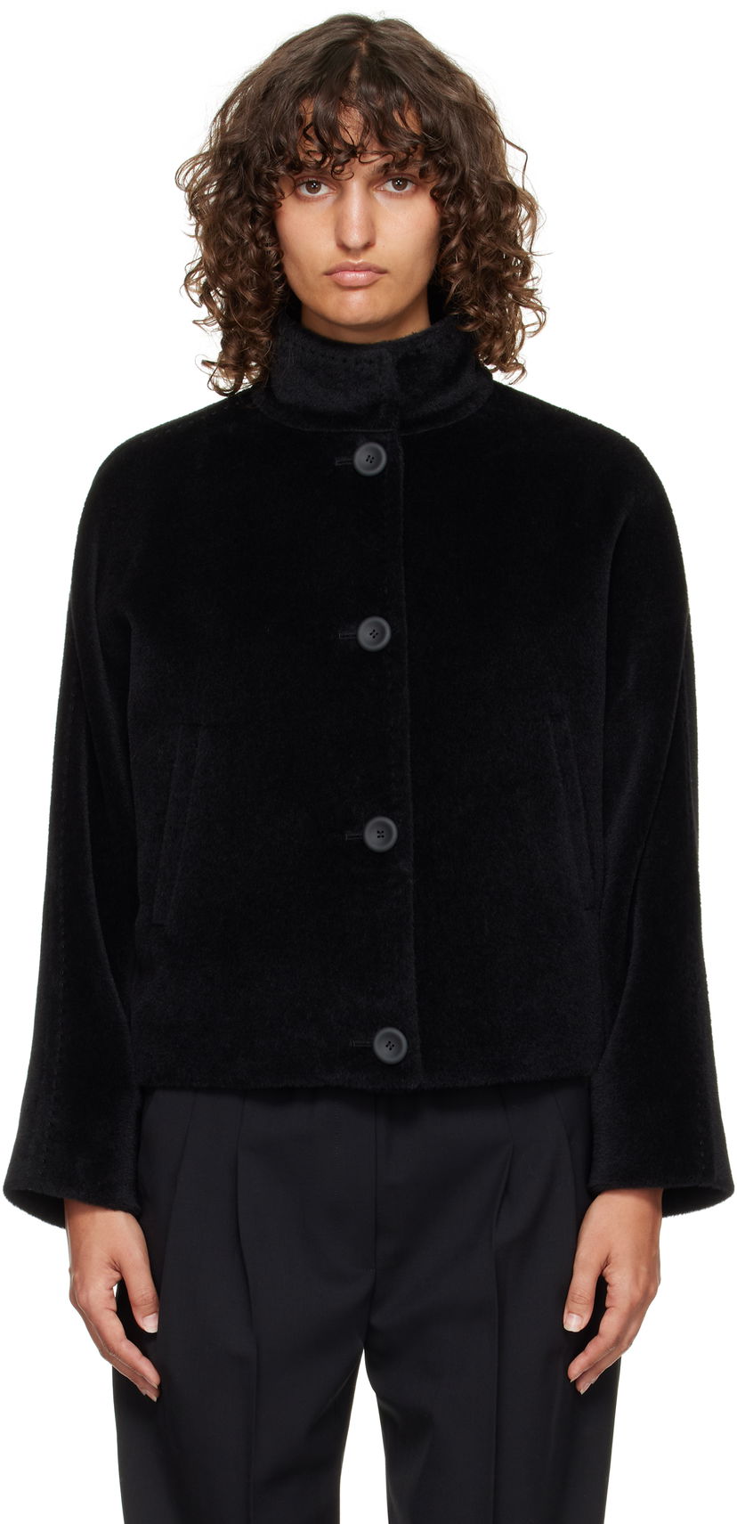 Jakna Max Mara Caladio Cropped Textured High Neck Button-Up Jacket Crna | 2526086091600