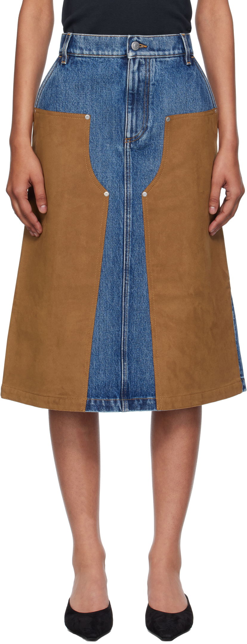 Suknja Stella McCartney Stella McCartney Mixed Denim & Faux-Suede Midi Skirt Plava | 6D04043SQH25