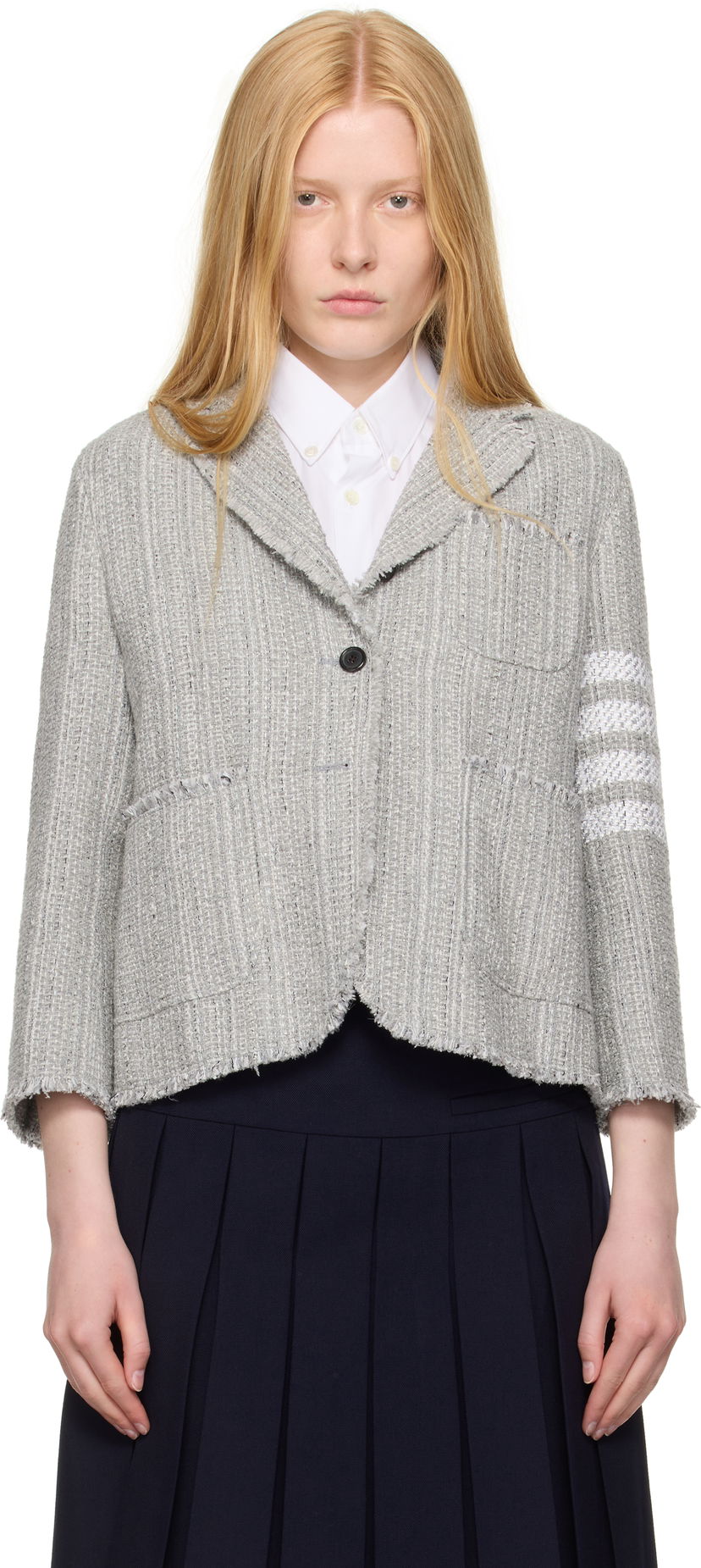 Jakna Thom Browne Thom Browne Tweed Fray 4-Bar Cropped Sack Blazer Siva | FBC788T-F0512