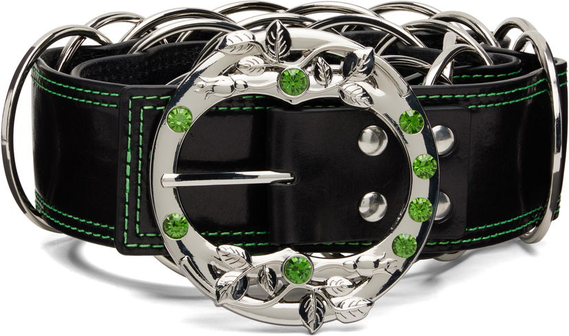 Pojasevi Chopova Lowena Leather Ring Belt with Green Crystal Leaf Buckle and Contrast Stitching Crna | 6717