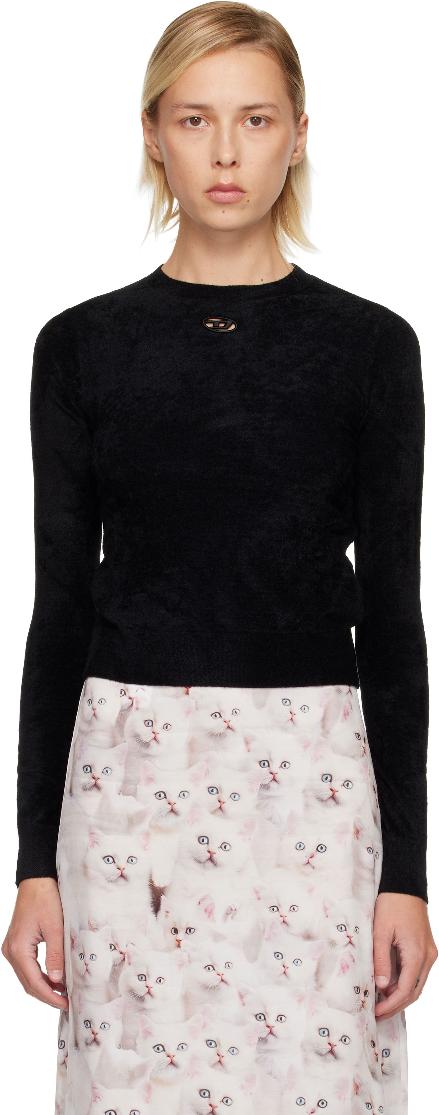 Džemper Diesel Textured Long-Sleeve Crewneck Cut-Out Detail Sweater Crna | A19484 0IKBZ, 0