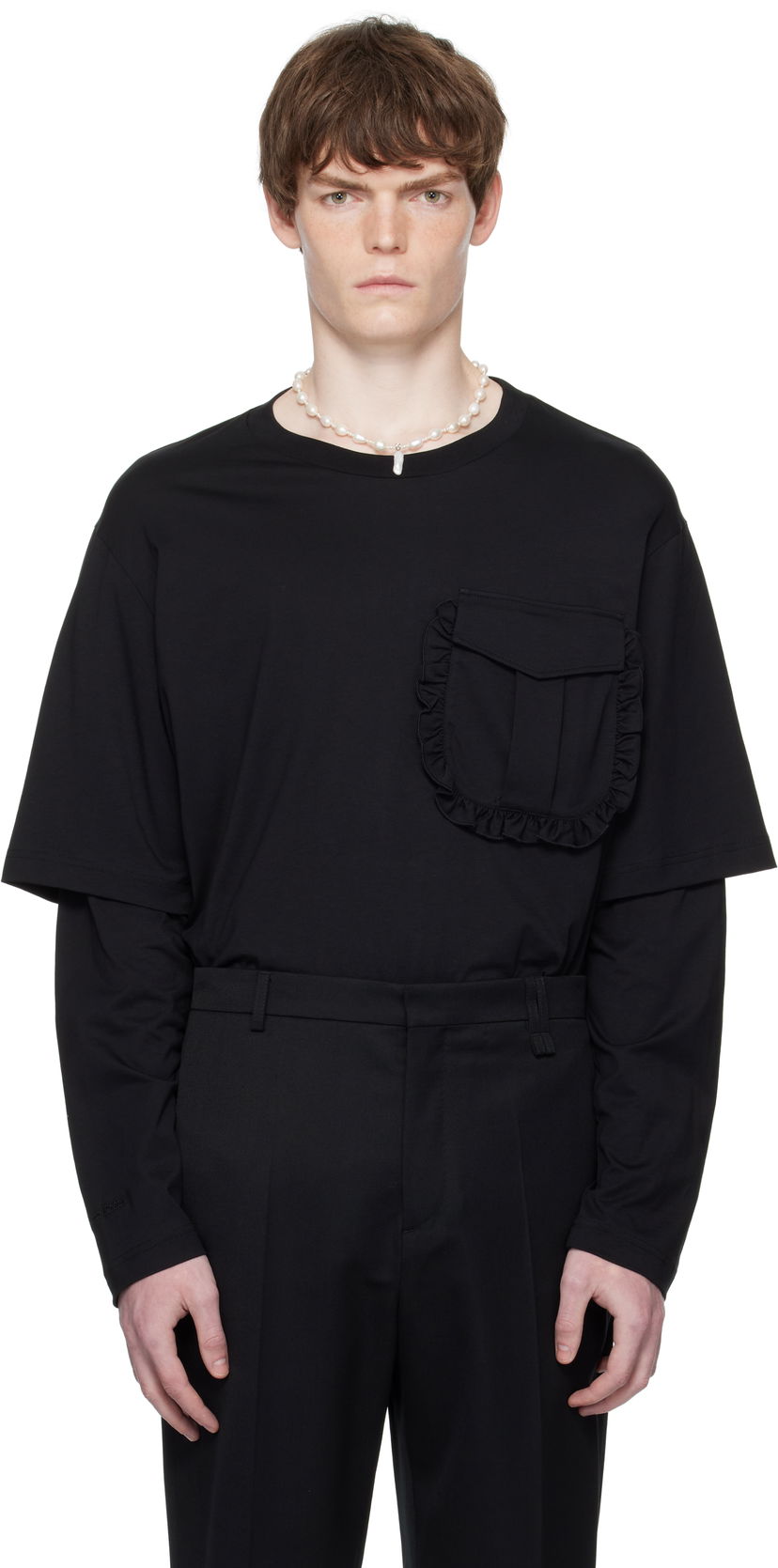 Majica kratkih rukava Simone Rocha Simone Rocha Layered Ruffle Pocket Long Sleeve T-Shirt Crna | 5379 0553