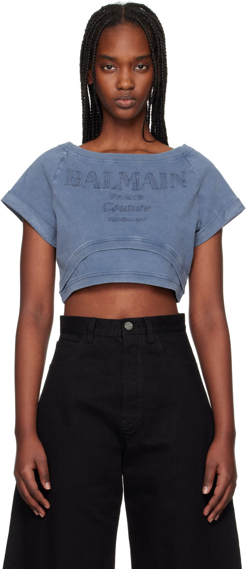 Crop top Balmain Balmain Cropped Couture Embroidered T-Shirt Plava | EF1EE121BC96