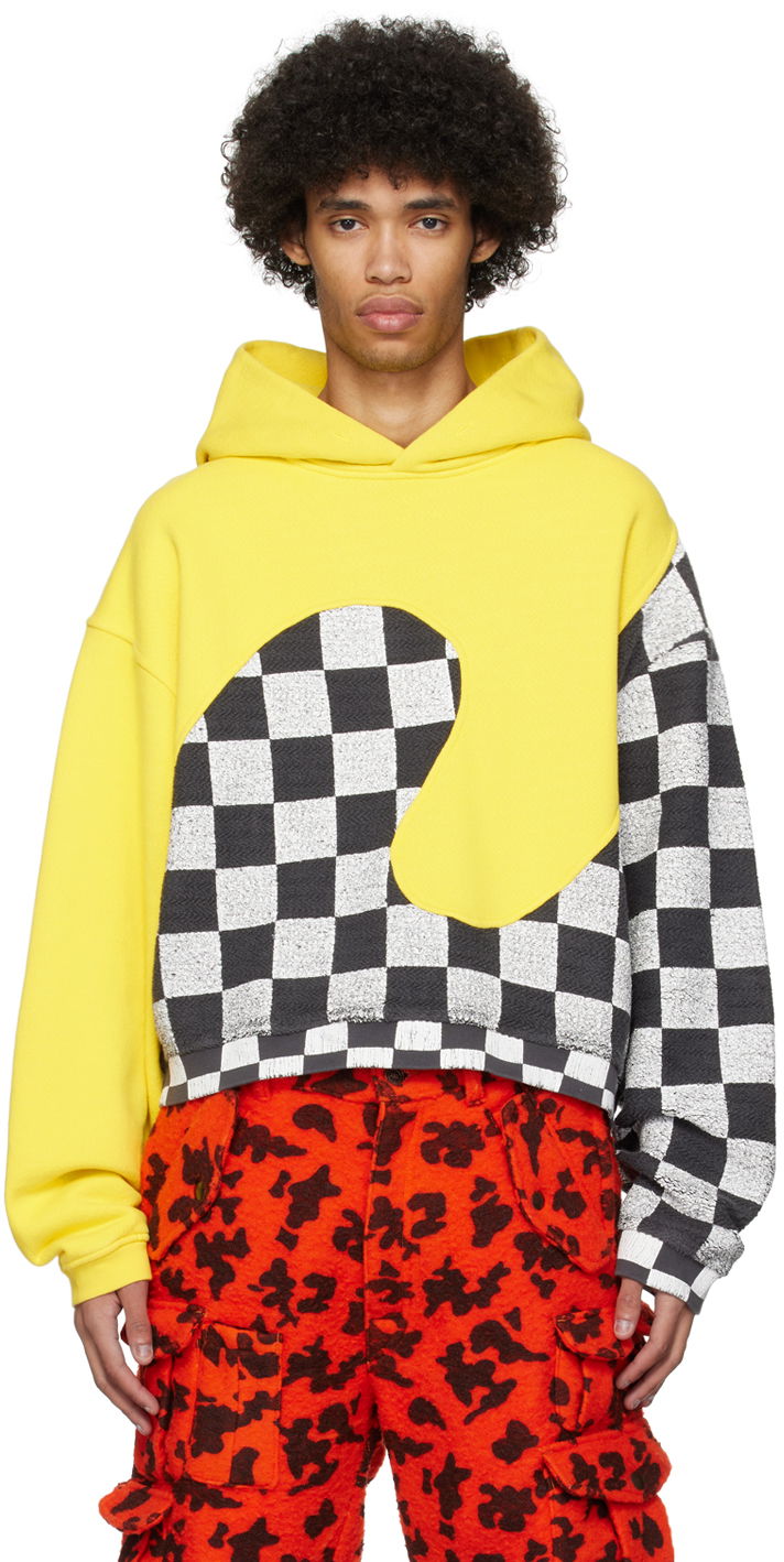 Dukserice ERL Checkered Fleece Applique Hoodie Žuta | ERL08T022