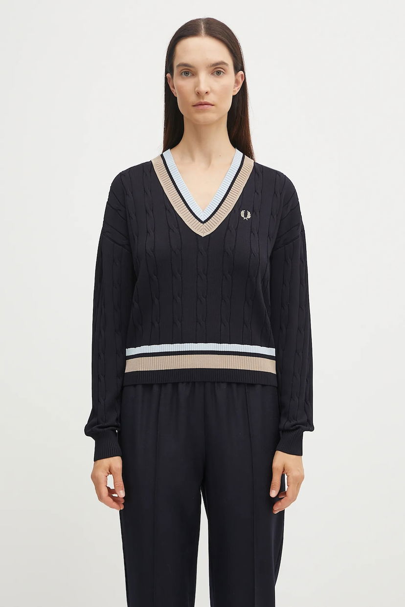 Džemper Fred Perry Fred Perry Cable Knit V-Neck Sweater Tamnoplava | K1102
