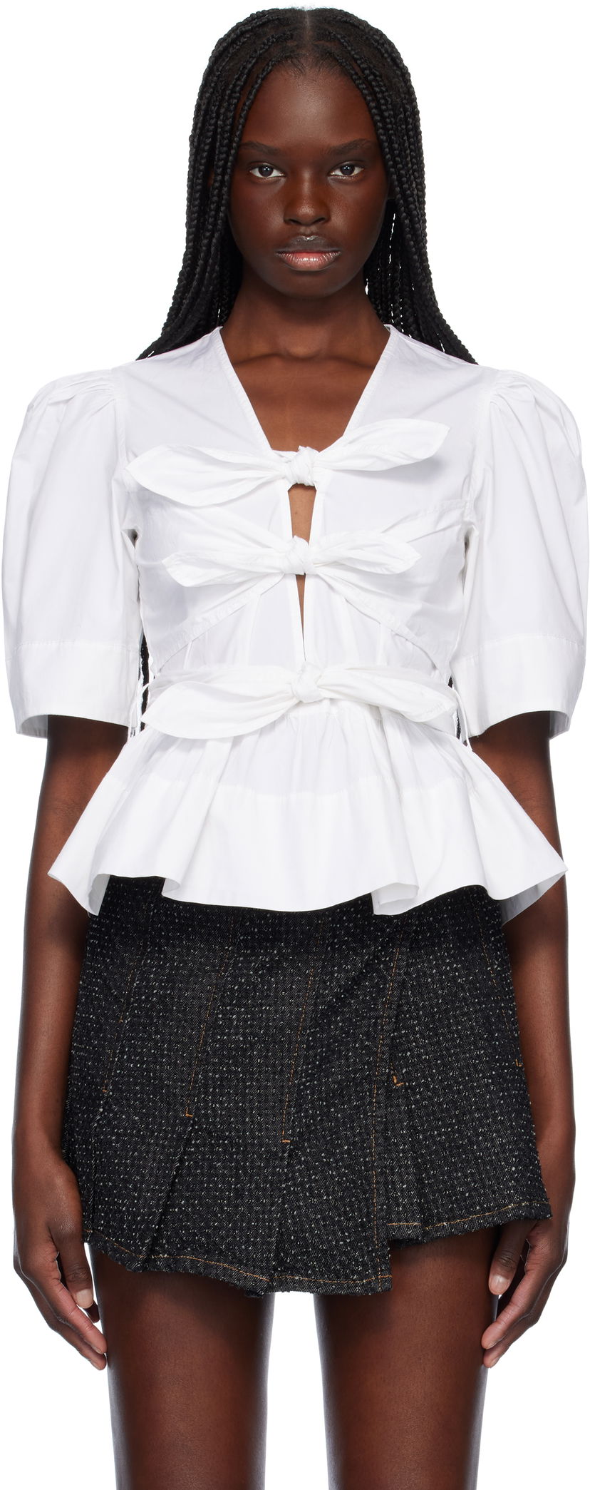 Košulja GANNI GANNI Stretch Cotton Tie Front Peplum Blouse Bijela | W0309