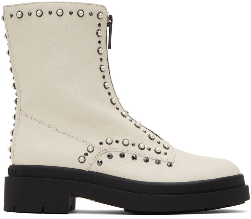 Odjeća Jimmy Choo Jimmy Choo Nola Pearl-Embellished Flat Boots Bež | NOLA FLAT