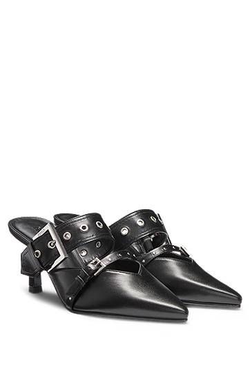 Dodaci BOSS Nappa Leather Mules with Buckled Straps Crna | 50536401