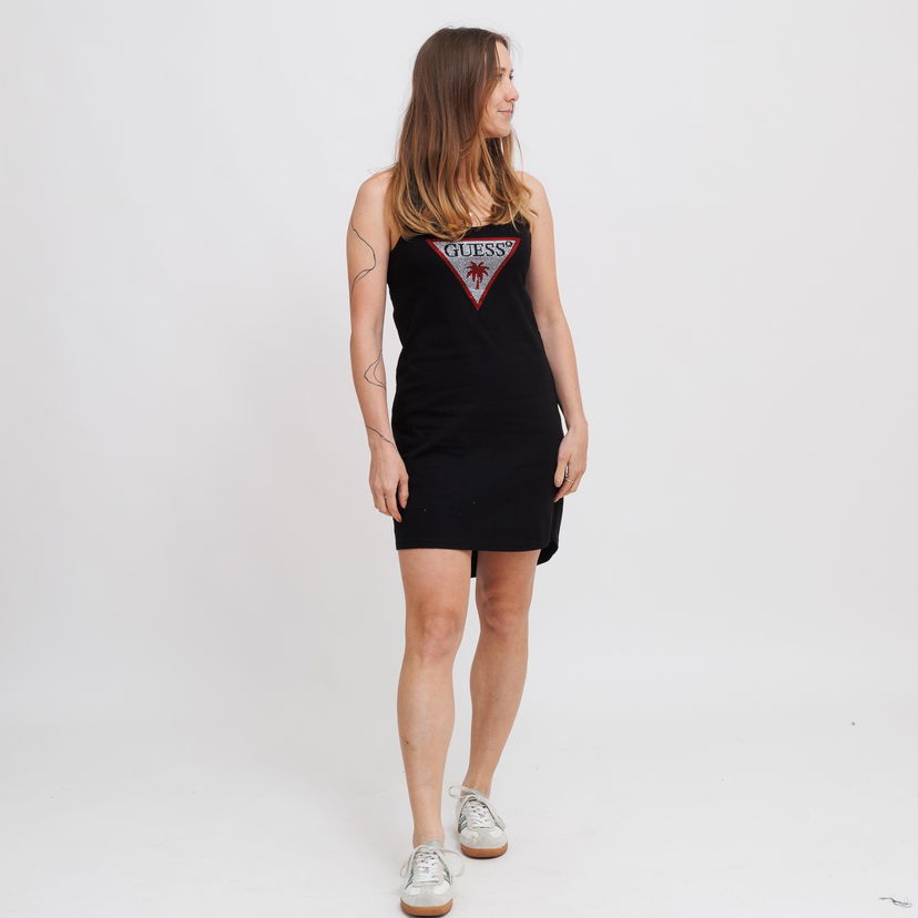 Haljina GUESS Guess Rhinestone Triangle Logo Tank Mini Dress Crna | E5GP01I3Z14-JBLK