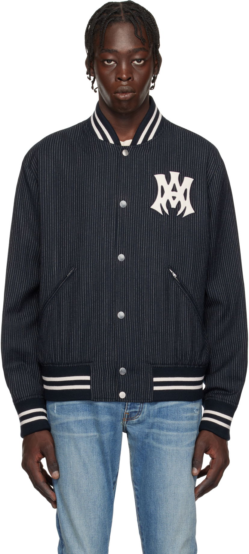 Bomber jakna AMIRI 'MA Hollywood' Pinstripe Bomber Jacket Tamnoplava | AMOUBB1024