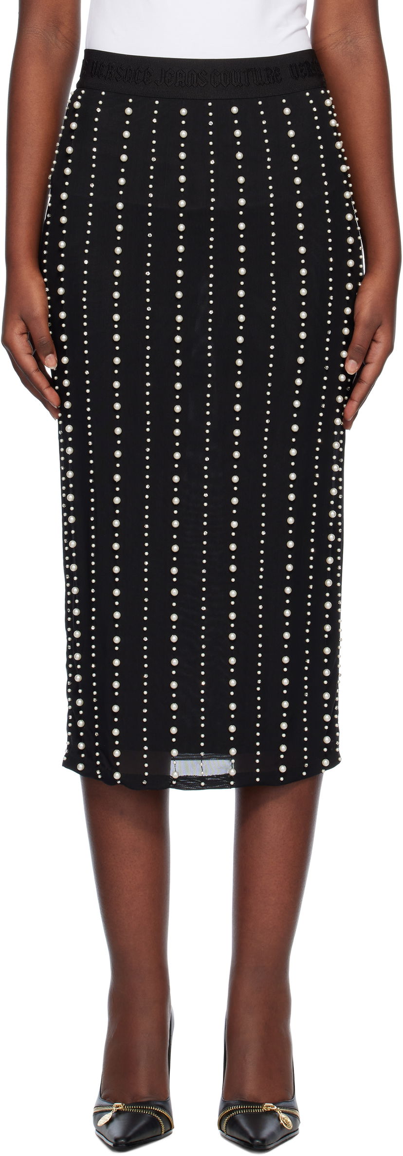 Suknja Versace Embellished Midi Skirt Crna | E77HAEI06_ECJM01