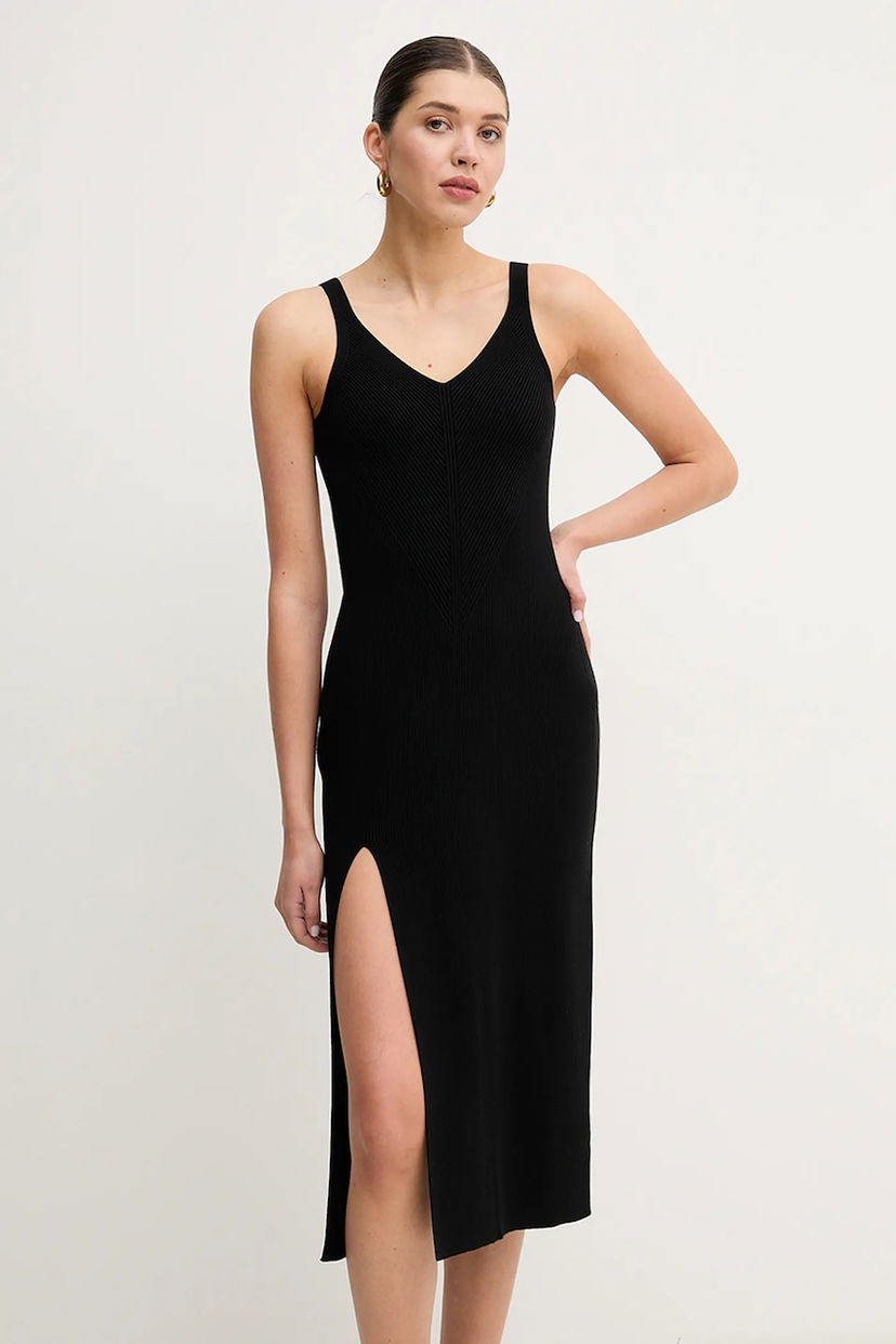 Haljina Lacoste Lacoste Midi Knit Dress with V-Neck and Slit Crna | EF9270