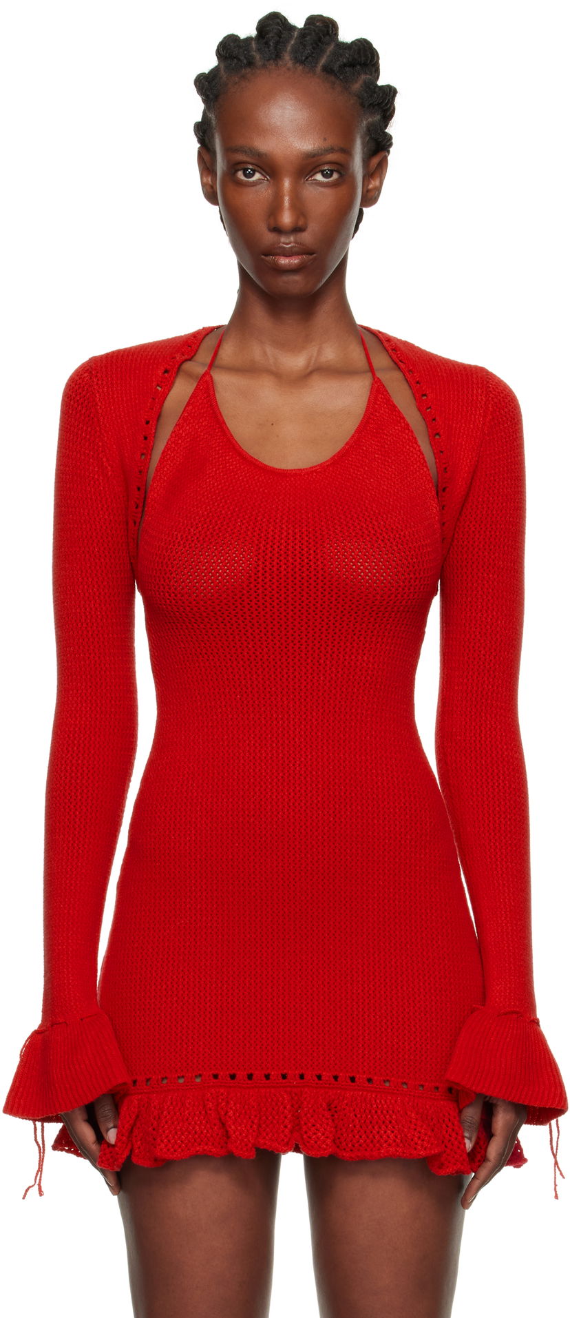 Džemper GUIZIO Guizio Crochet Ruffle Sleeve Bolero Cardigan Crvena | P25705S019
