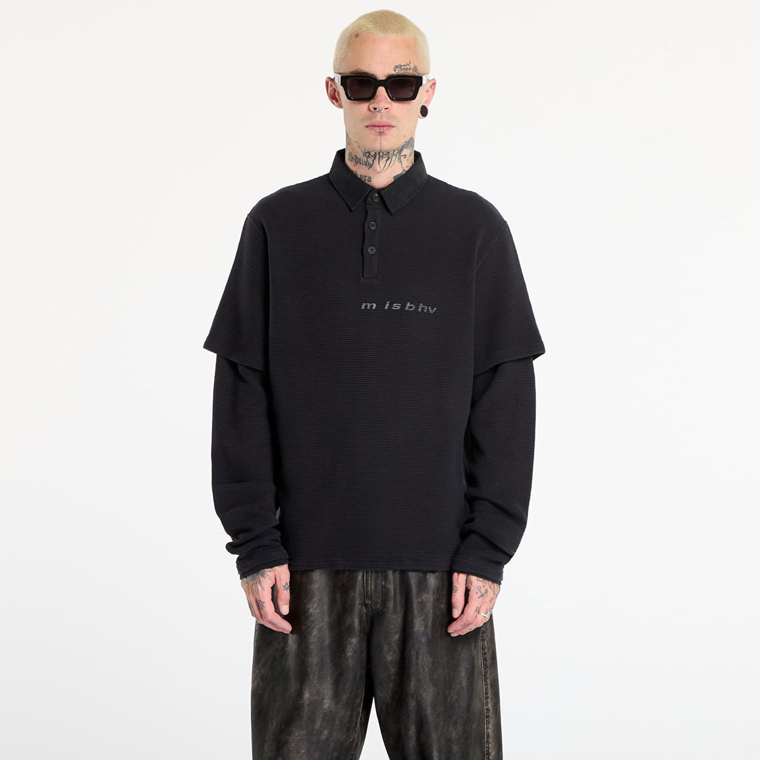 Polo majica MISBHV Waffle-Knit Layered Polo Longsleeve Crna | 251M153, 0