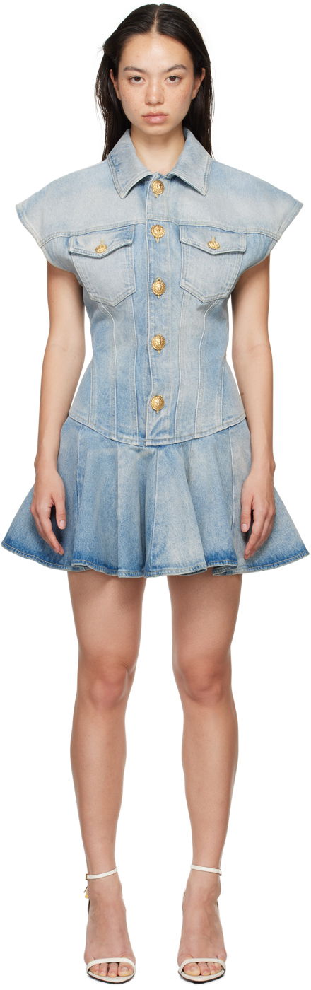 Haljina Balmain Flared Denim Minidress Plava | DF0R7365DF17