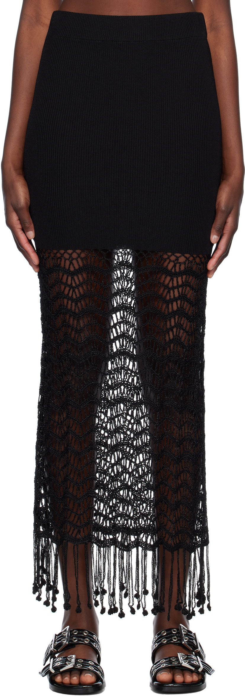 Suknja GANNI GANNI Crochet Maxi Skirt with Fringe Crna | K2435