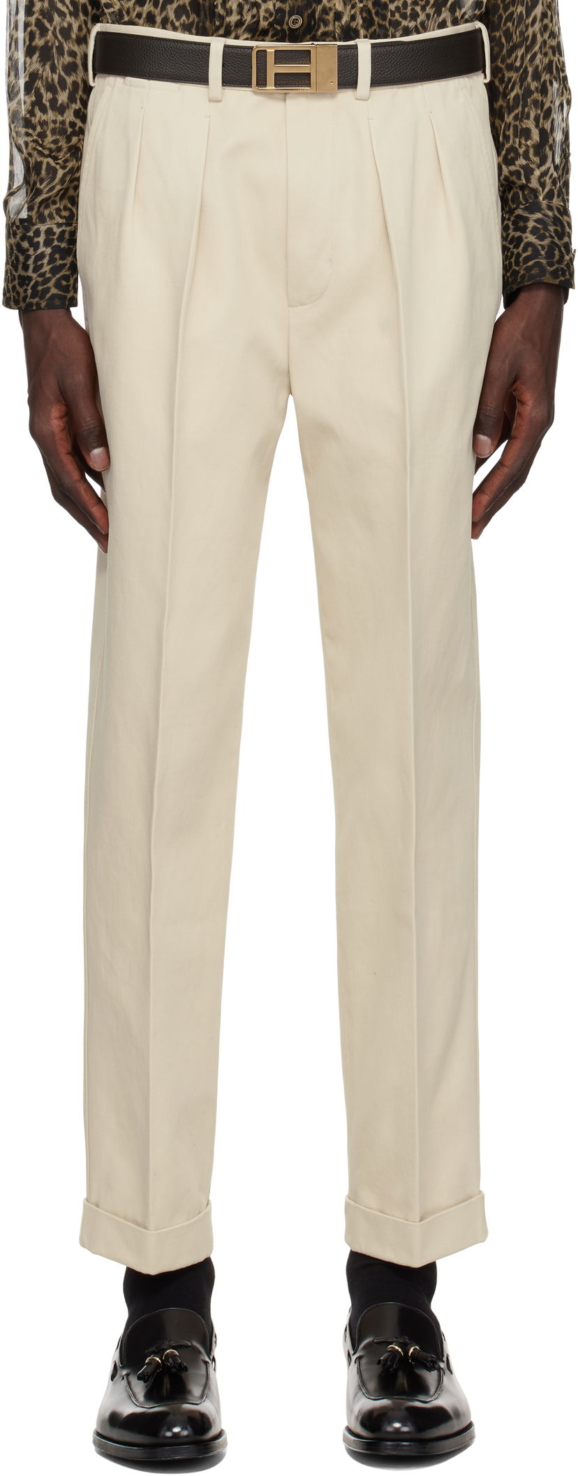 Hlače Tom Ford TOM FORD Double Pleat Gabardine Trousers Bež | SHP004-FMC187S25