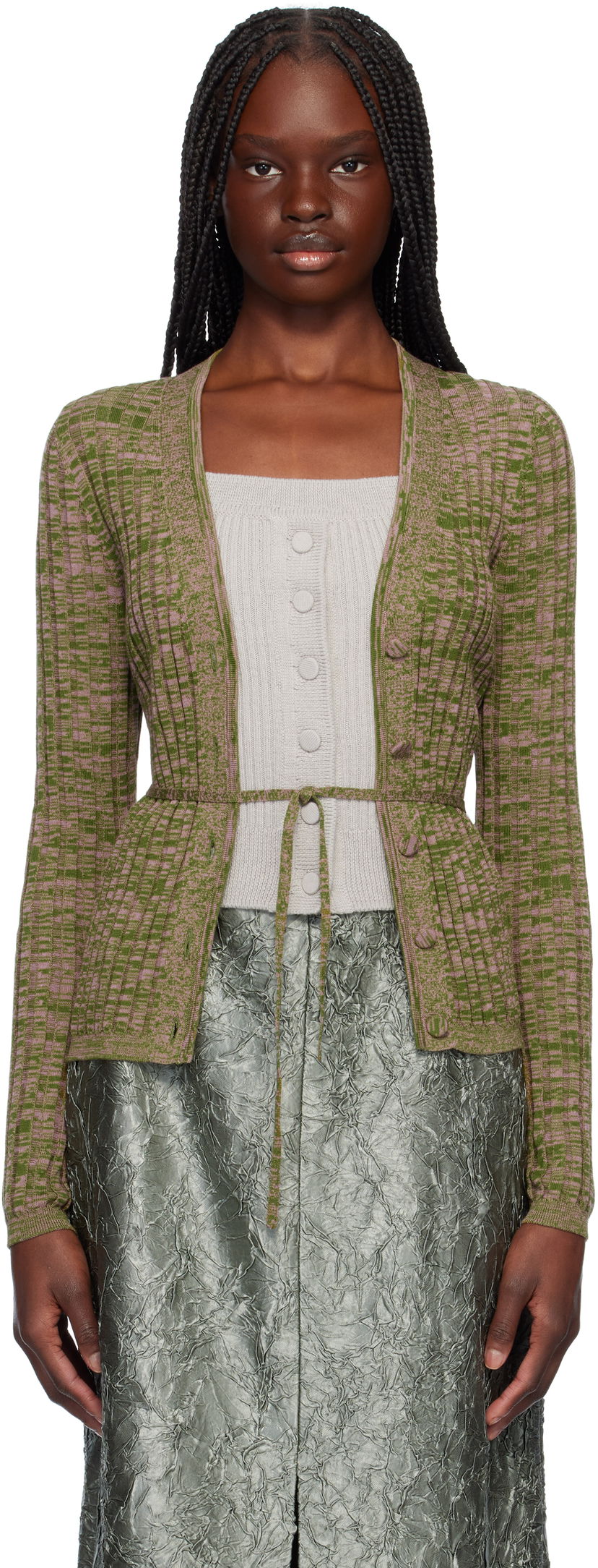 Džemper Dries Van Noten Dries Van Noten Rib-Knit Tie Cardigan Zelena | 251-011229-1716