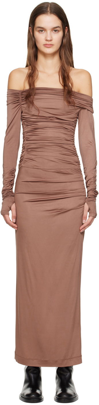 Haljina Helmut Lang Off-The-Shoulder Maxi Dress Smeđa | N10HW603