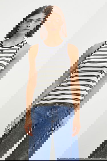 Majica bez rukava GANNI GANNI Women's Striped Soft Cotton Rib Tank Top Bijela | T4144, 0