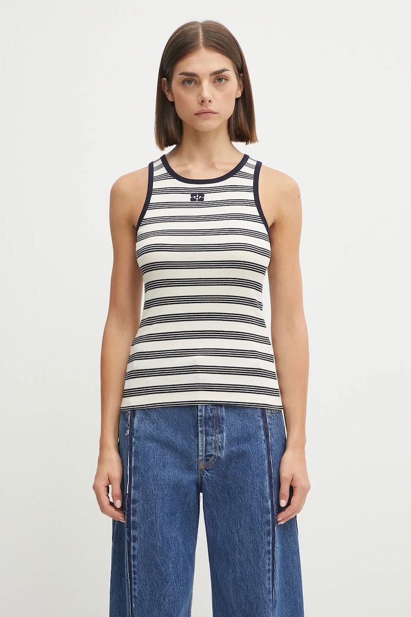 Majica bez rukava GANNI GANNI Women's Striped Soft Cotton Rib Tank Top Bijela | T4144