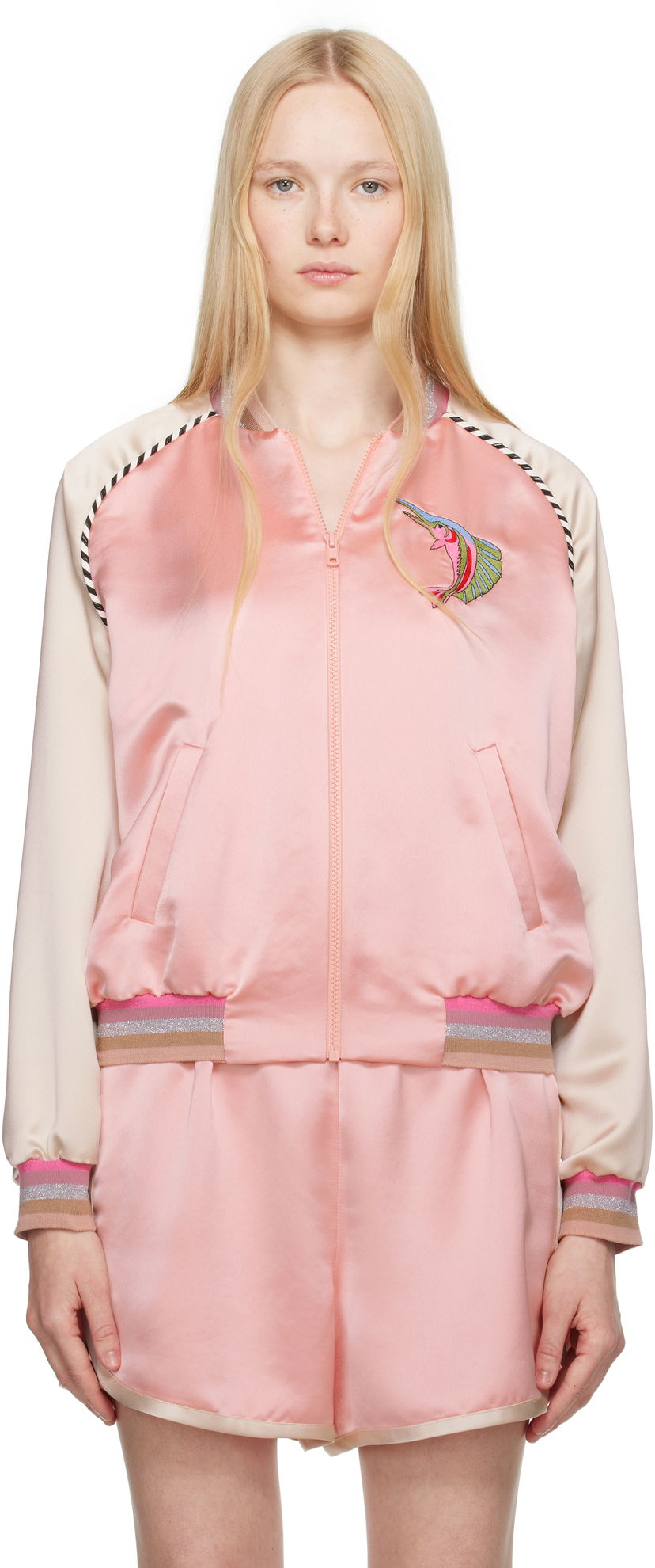 Bomber jakna Anna Sui Anna Sui Satin Embroidered Souvenir Bomber Jacket Ružičasta | 325D31