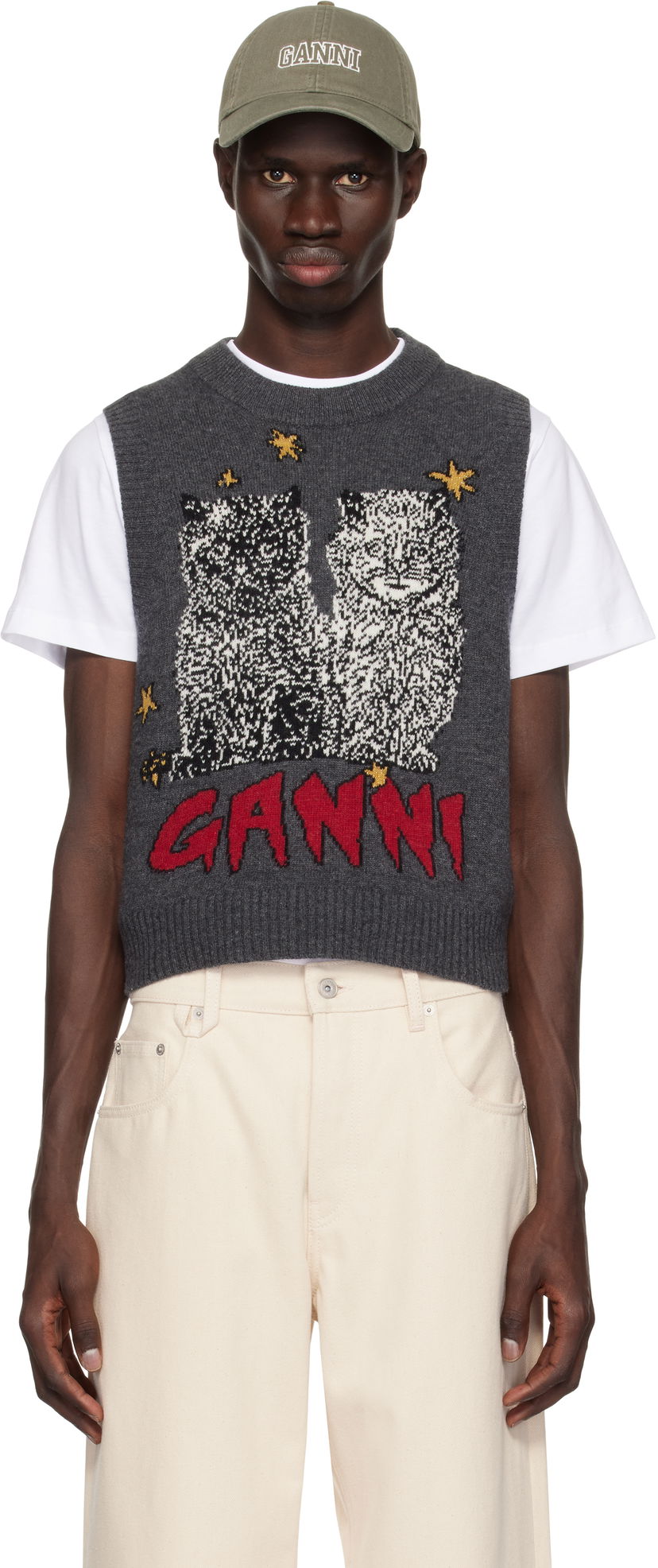 Džemper GANNI GANNI Graphic Cats Knit Vest Siva | K2375