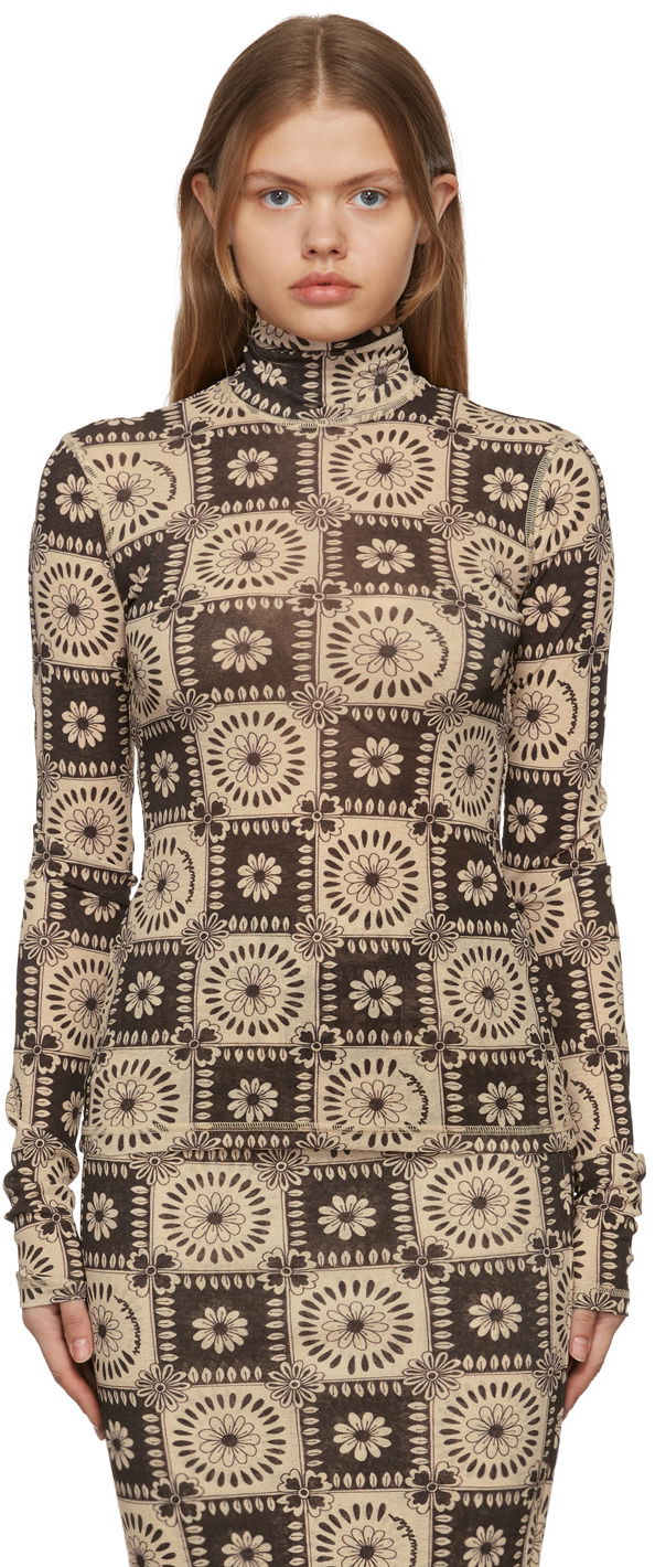 Majica kratkih rukava Nanushka Harri Tile Print Turtleneck Top Bež | NW22RSTP00977